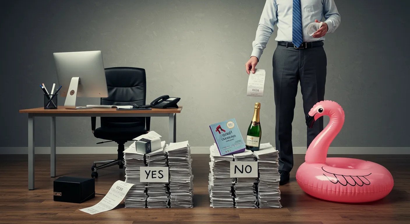 Två högar med kvitton märkta "Yes" och "No", med champagne och rosa uppblåsbar flamingo ovanpå den ej avdragsgilla högen.