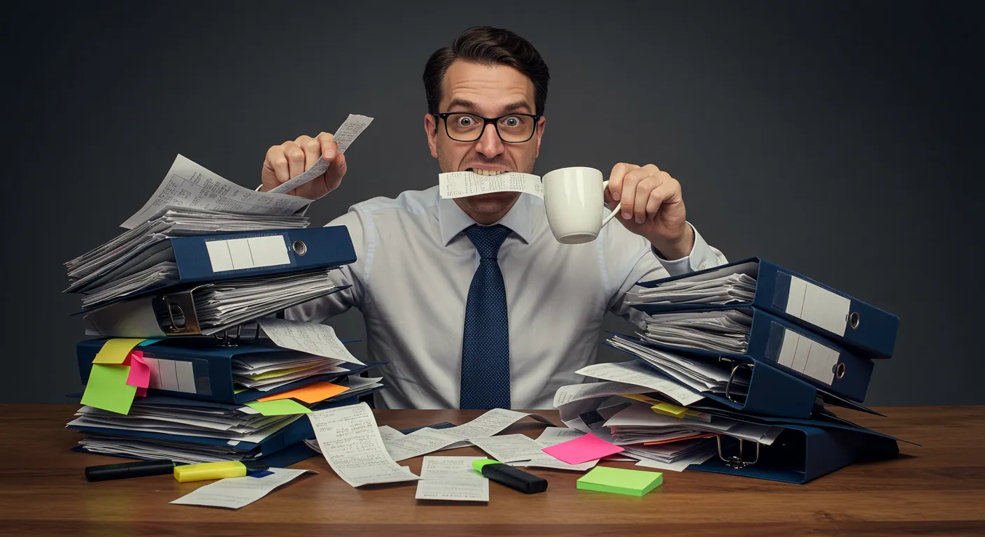 Stressad man i skjorta omgiven av pärmar, kvitton och kaffekopp, tuggar på ett kvitto.