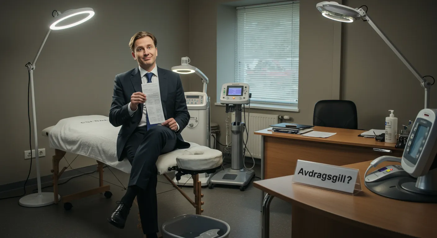 En företagare i kostym sitter på en behandlingsbrits i ett klinikrum med ett kvitto i handen, bredvid en skylt med texten 'Avdragsgill?' – illustrerar osäkerhet kring avdrag för sjuk- och hälsovård.