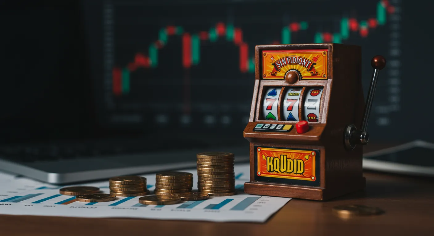 Spelautomat märkt "utdelning" bredvid staplar av mynt och aktiegrafer – symboliserar möjligheterna med aktieutdelning.