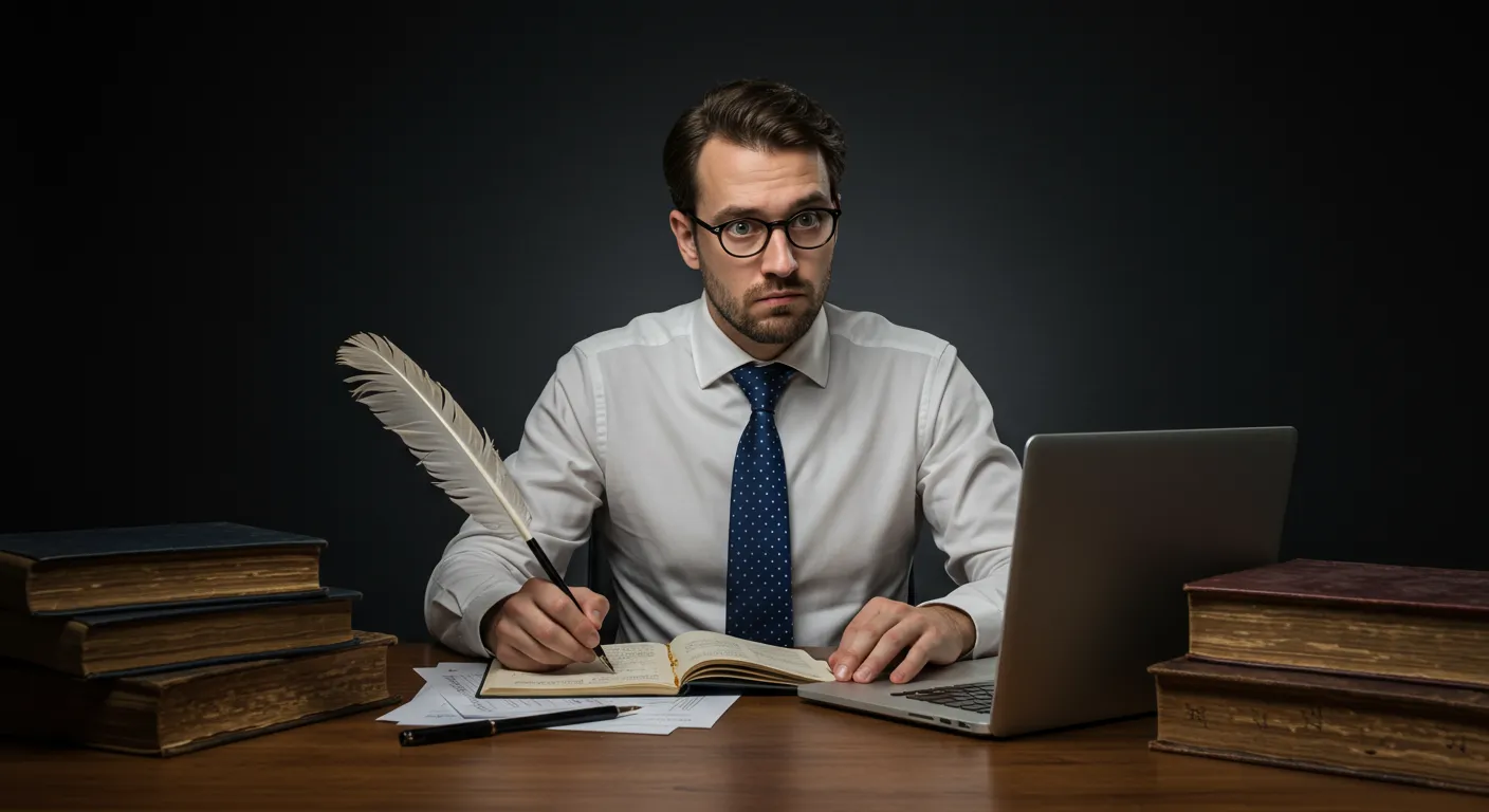 Man med fjäderpenna och laptop som ser ut att bokföra enligt 1800-talets principer.