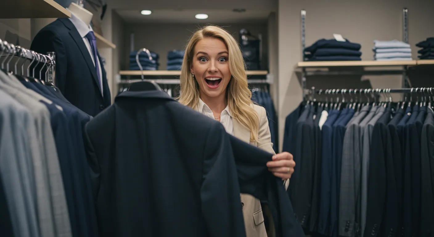En glad företagare i kontorskläder håller upp en kostym i en klädbutik med entusiastiskt uttryck – symboliserar förväntningar på att få dra av arbetskläder.