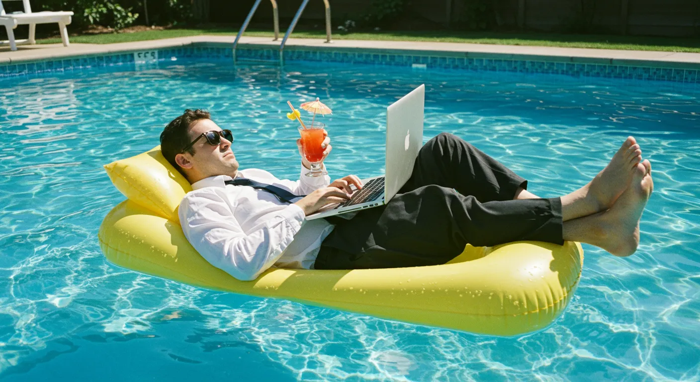 En företagare i kostym arbetar med laptop på en gul flytdyna i en pool, med en paraplydrink i handen – symboliserar semester där jobbet ändå följer med.