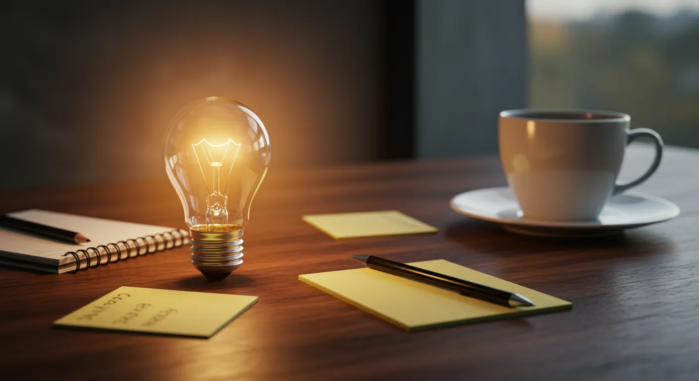 Glödlampa som lyser på skrivbord med anteckningsblock, post-it-lappar och kaffekopp