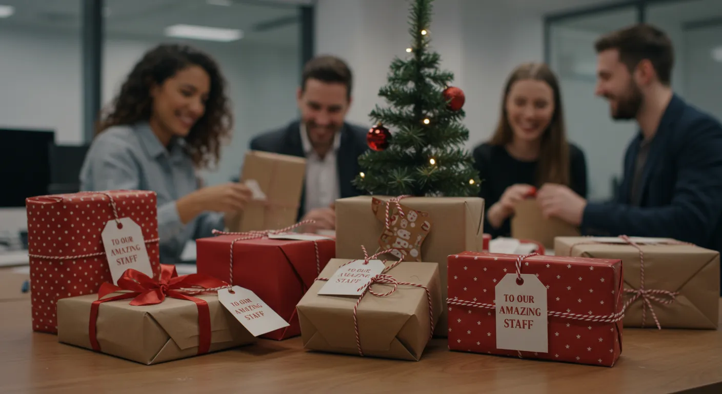 Julklappar märkta 'To our amazing staff' ligger på ett kontorsbord med en liten gran, i bakgrunden sitter glada medarbetare och öppnar julklappar.