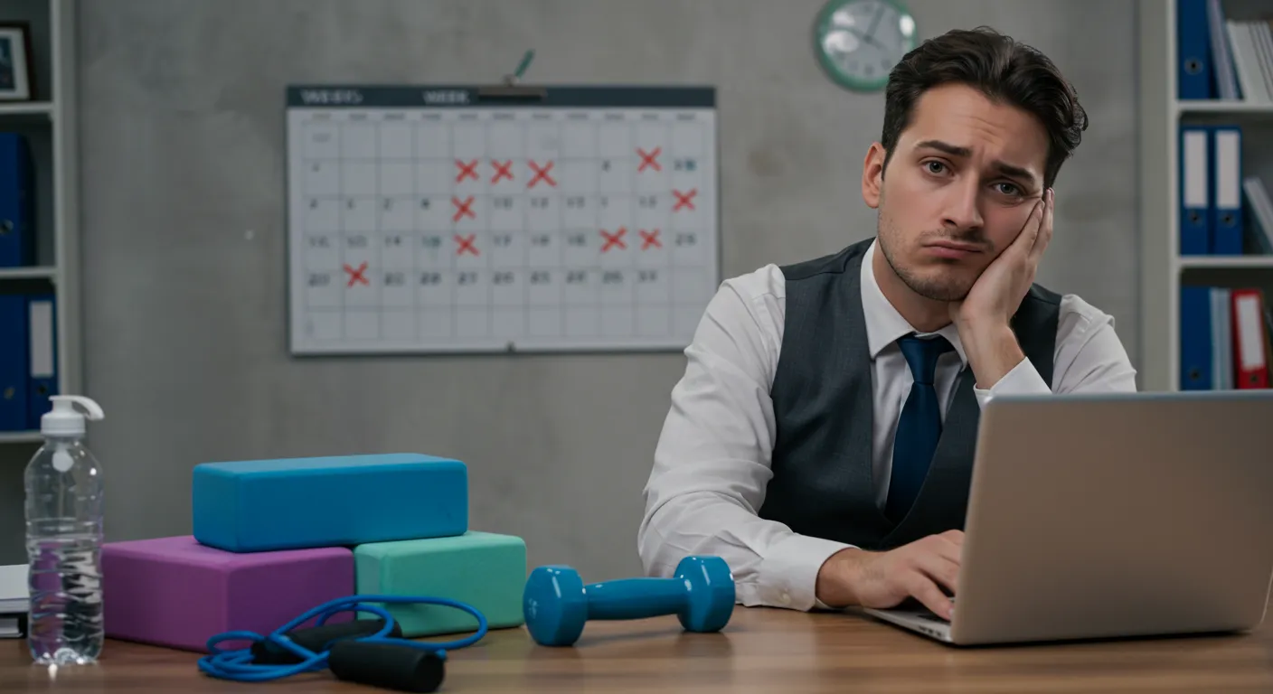 En trött företagare sitter vid skrivbordet med träningsredskap och laptop framför sig, i bakgrunden en kalender där bara årets första veckor är ikryssade – symboliserar brutna nyårslöften.